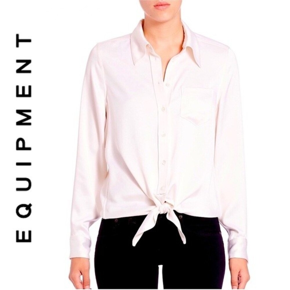 Equipment Femme Daddy Tie Front Silk Blouse Long Sleeve Button Up Collar Pink XS